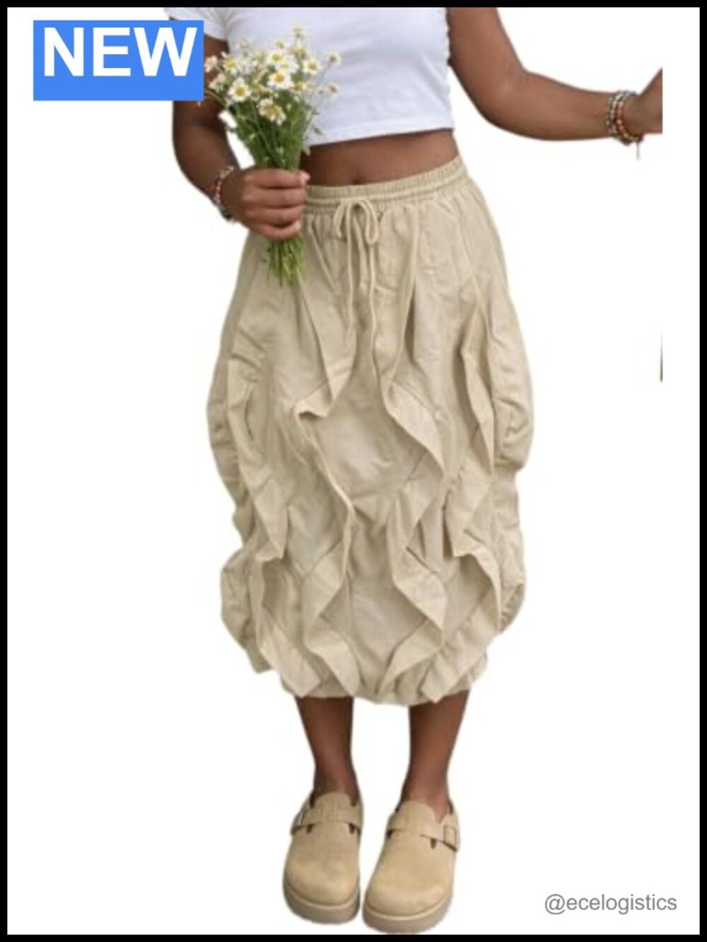 Y2K Ruffle Cargo Skirt High Waist Drawstring Midi Pleated Polyester Blend